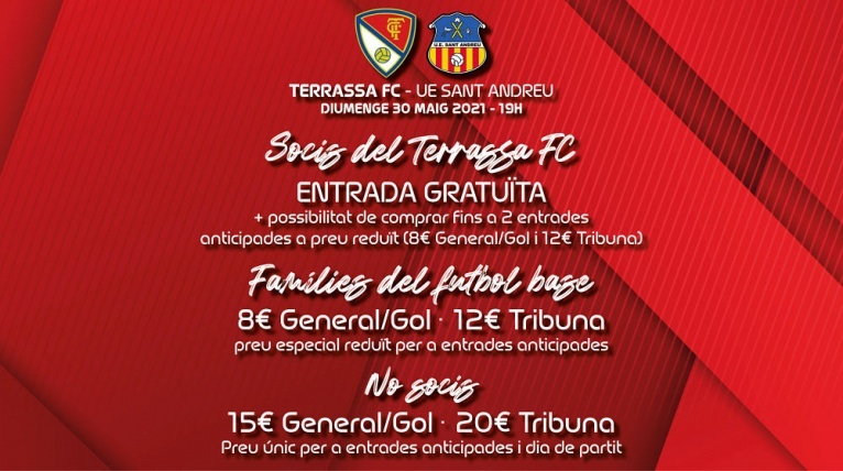 A la venda les entrades del Terrassa FC-UE Sant Andreu d&rsquo;aquest diumenge